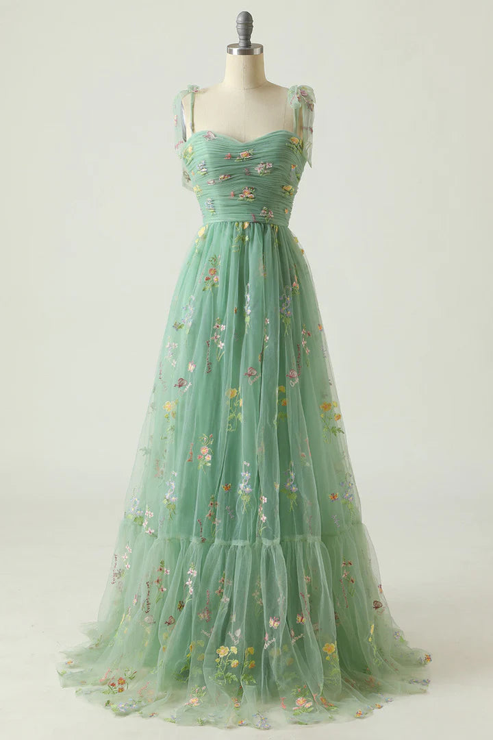 Floral Embroidery Tying Straps Pleated Long Party Dress