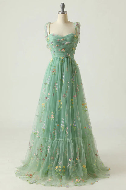 Floral Embroidery Tying Straps Pleated Long Party Dress