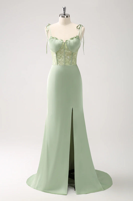 Green Square Neck Sheath Corset Lace Lace-Up Back Long Prom Dress with Slit ﻿