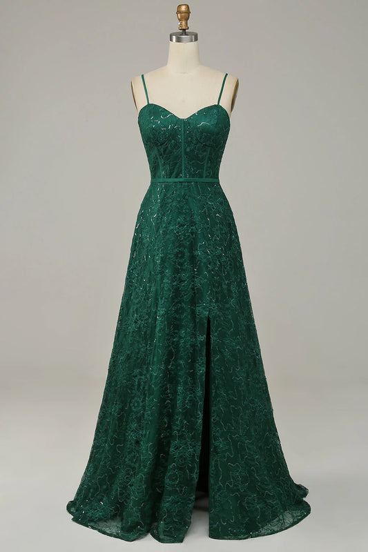 Dark Green Lace Spaghetti Straps Lace-Up Back Corset Prom Dress