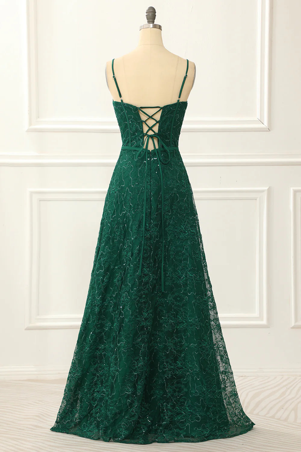 Dark Green Spaghetti Straps Lace-Up Back A Line Lace Prom Dress