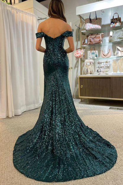 Dark Green Sequin Off Shoulder Round Neck Mermaid Pleats Prom Dress with Slit