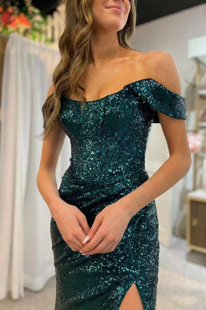 Dark Green Sequin Off Shoulder Round Neck Mermaid Pleats Prom Dress with Slit