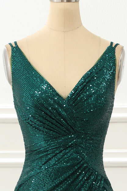 Dark Green V-Neck Spaghetti Straps Sequin Slim-fit Prom Dress With Slit