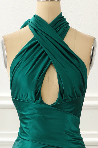 Halter Dark Green Satin Floor-Length Mermaid Prom Dress With Slit