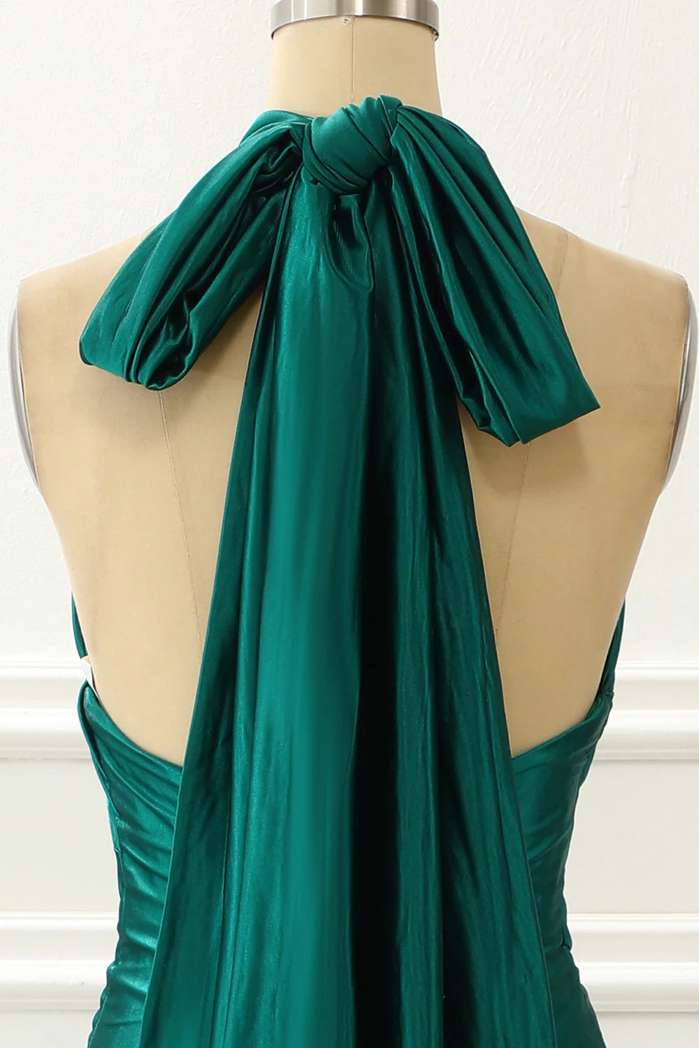 Halter Dark Green Satin Floor-Length Mermaid Prom Dress With Slit
