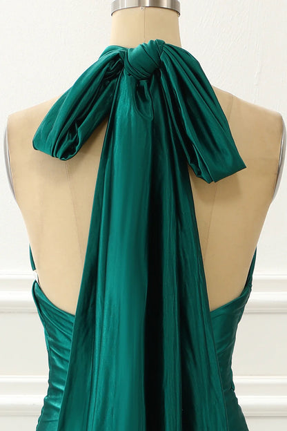 Halter Dark Green Satin Floor-Length Mermaid Prom Dress With Slit