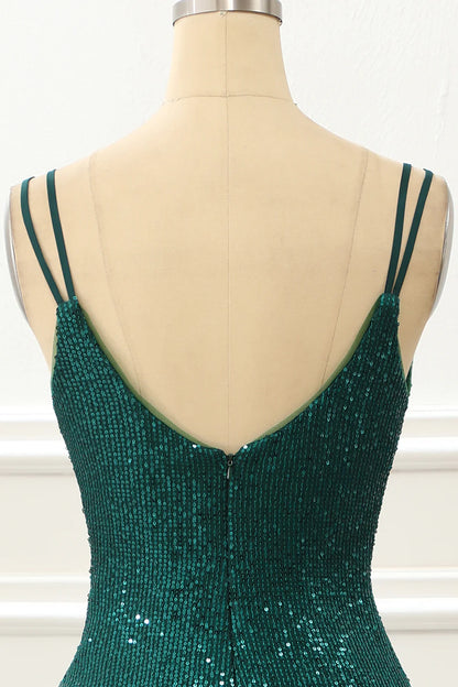 Dark Green V-Neck Spaghetti Straps Sequin Slim-fit Prom Dress With Slit