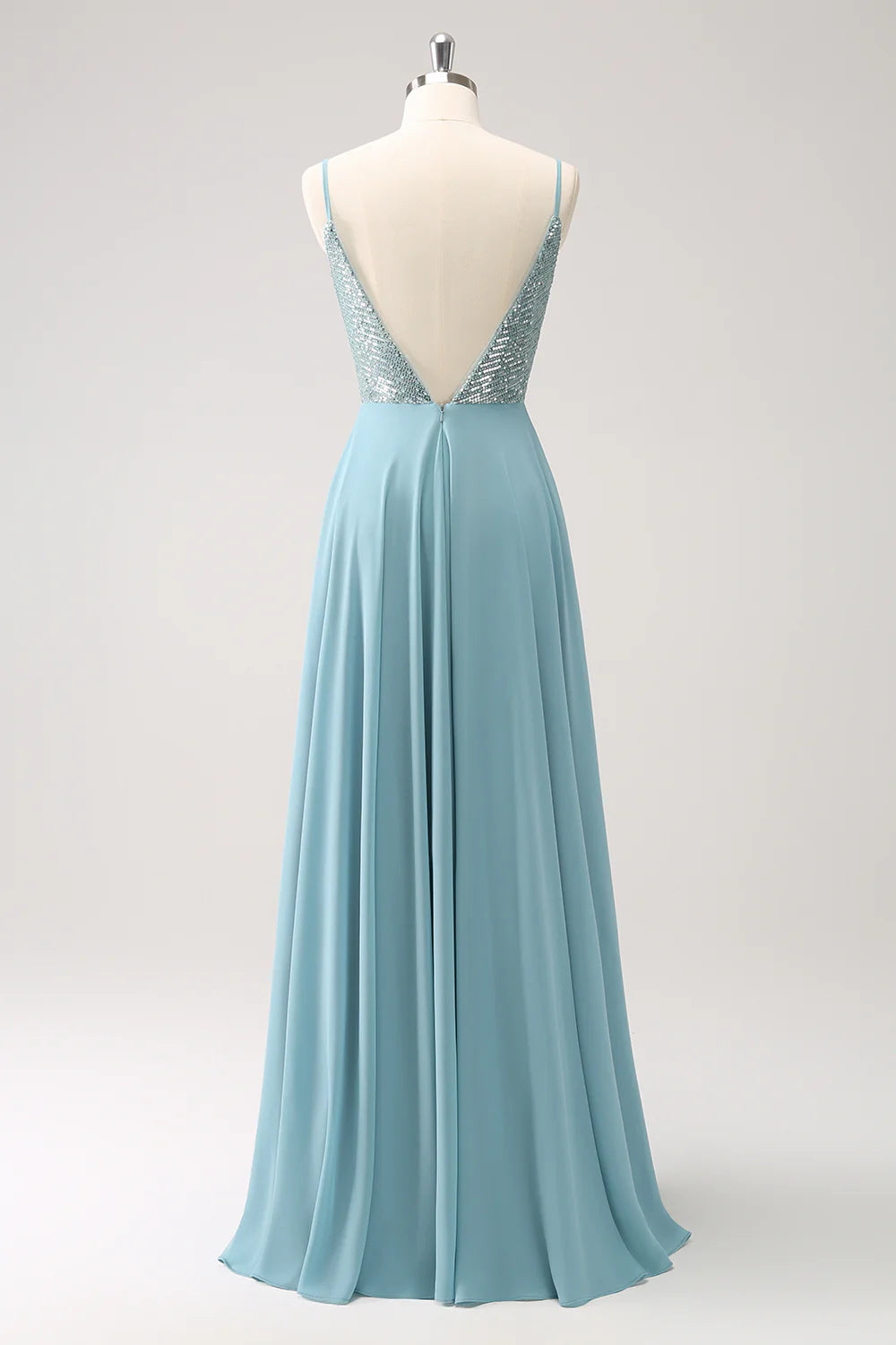 Sparkly V Neck Grey Green Spaghetti Strap Backless Sequined A Line Long Prom Dress ﻿