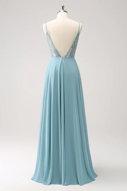 Sparkly V Neck Grey Green Spaghetti Strap Backless Sequined A Line Long Prom Dress ﻿