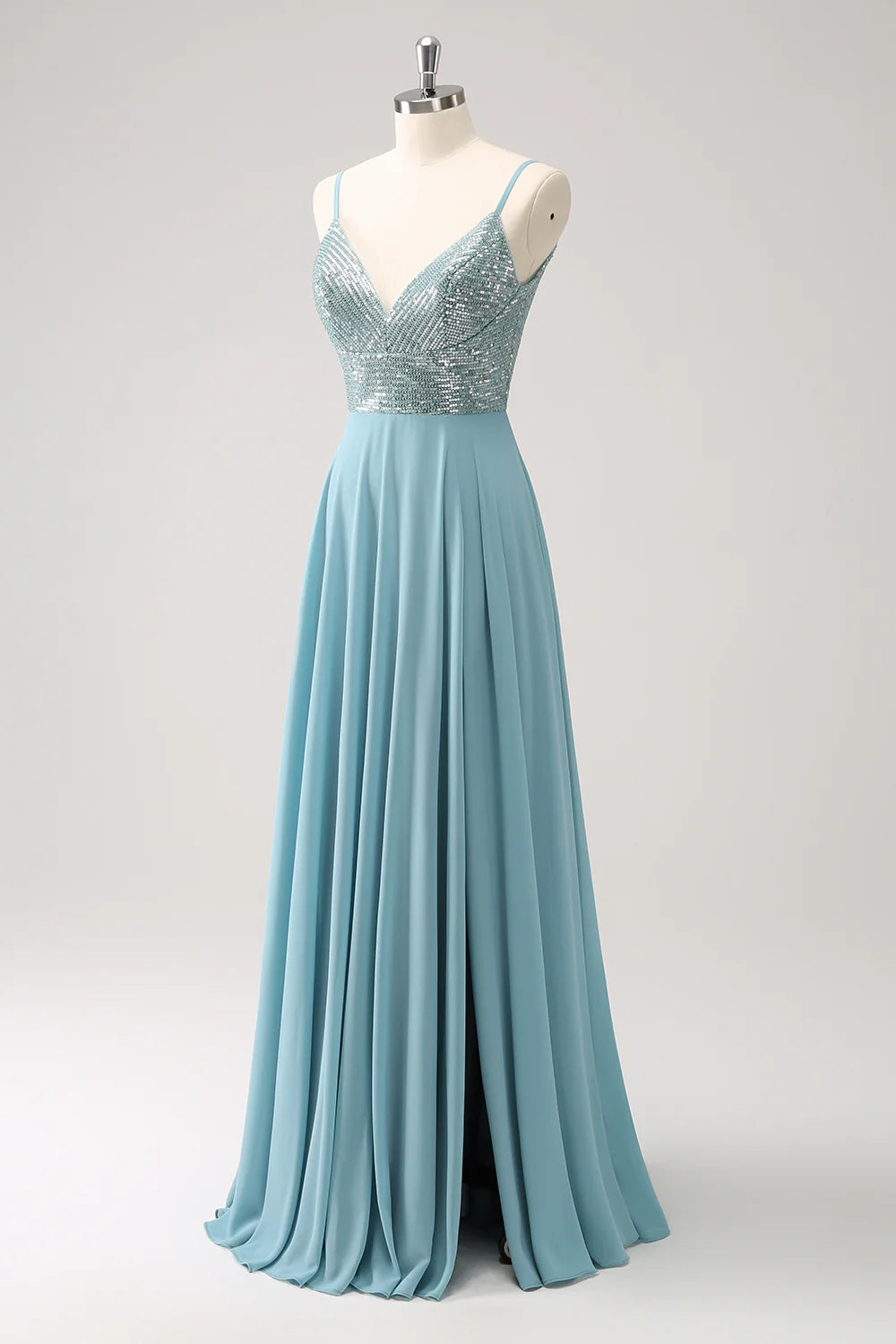 Sparkly V Neck Grey Green Spaghetti Strap Backless Sequined A Line Long Prom Dress ﻿