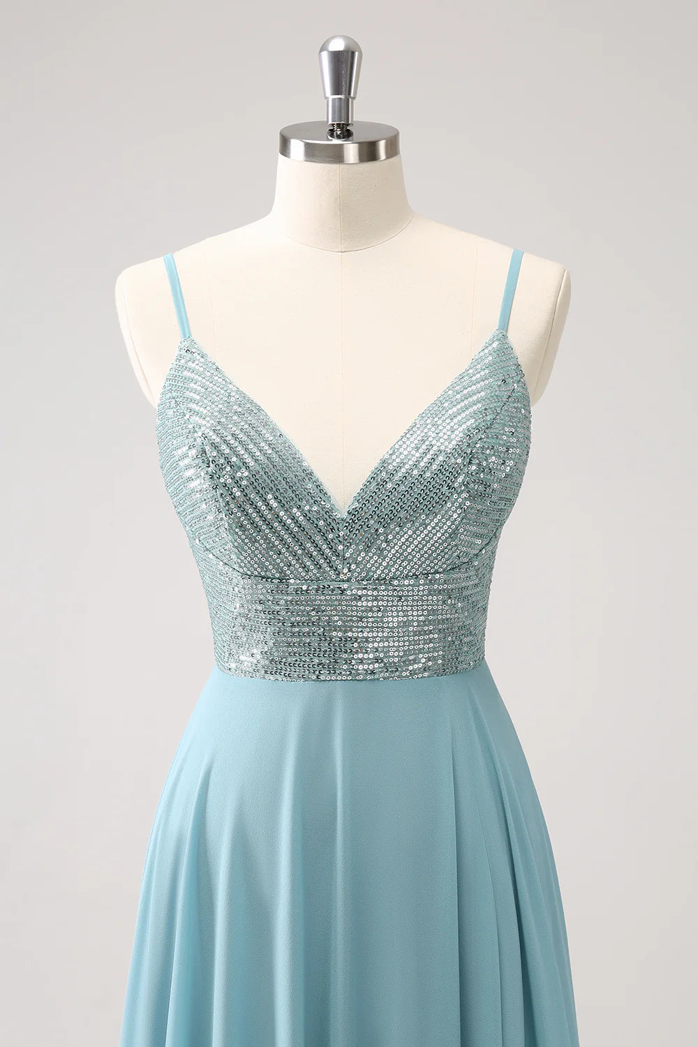 Sparkly V Neck Grey Green Spaghetti Strap Backless Sequined A Line Long Prom Dress ﻿