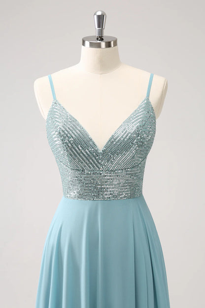 Sparkly V Neck Grey Green Spaghetti Strap Backless Sequined A Line Long Prom Dress ﻿