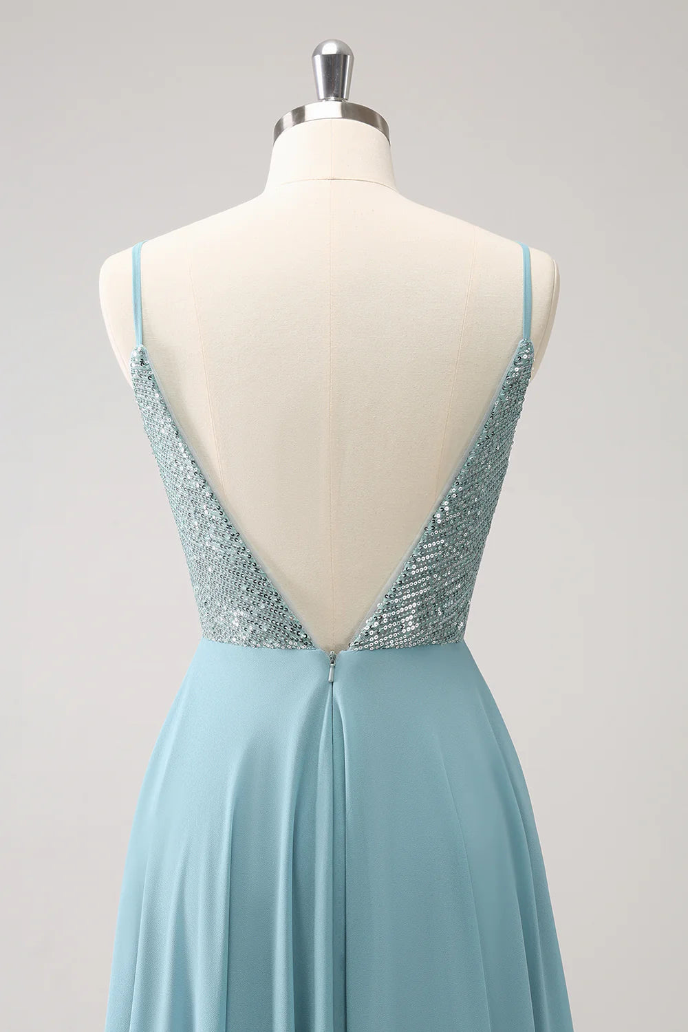 Sparkly V Neck Grey Green Spaghetti Strap Backless Sequined A Line Long Prom Dress ﻿