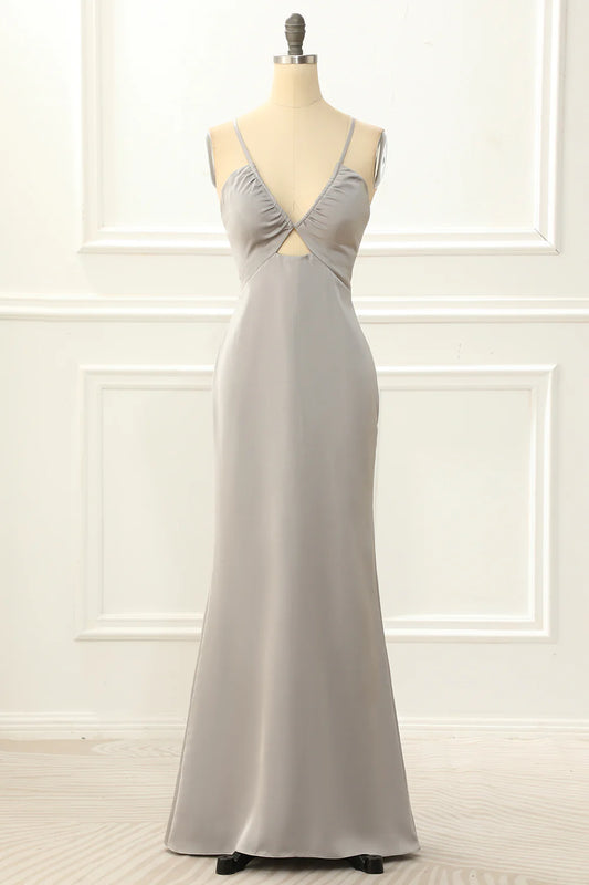 Grey Satin V-neck Spaghetti Strap Sheath Backless Simple Slim-fit Prom Dress