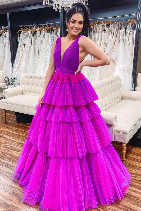 A-Line Plunge V Purple Sleeveless Pleats Tiered Tulle Prom Dress