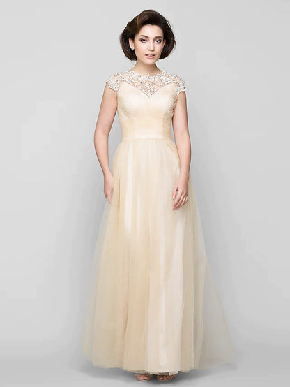 A-Line Mother of the Bride Dress See Through Jewel Neck Floor Length Tulle Sleeveless with Criss Cross Beading