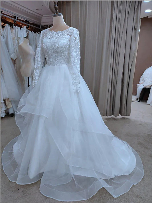 A-Line Wedding Dresses Jewel Neck Court Train Lace Tulle Long Sleeve Formal Romantic Luxurious with Appliques Cascading Ruffles