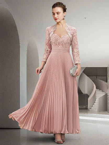 Two Piece Mother of the Bride Dress Elegant Sweetheart Neckline Floor Length Chiffon Lace Long Sleeve with Pleats AppliquesTwo Piece A-Line Mother of the Bride Dress Elegant Sweetheart Neckline Floor Length Chiffon Lace Long Sleeve with Pleats Appliques