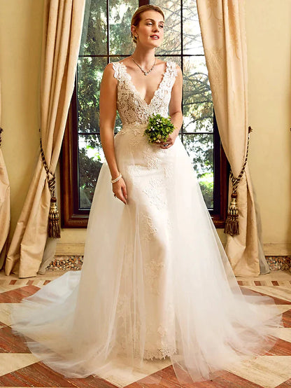 Wedding Dresses V Neck Chapel Train Lace Tulle Regular Straps See-Through with Appliques