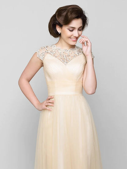 A-Line Mother of the Bride Dress See Through Jewel Neck Floor Length Tulle Sleeveless with Criss Cross Beading