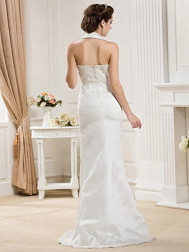 Wedding Dresses Halter Neck Court Train Satin Sleeveless