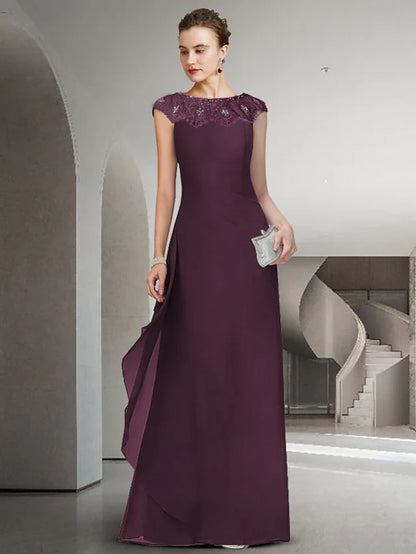 Mother of the Bride Dress Elegant Jewel Neck Floor Length Chiffon Lace Sleeveless with Ruffles