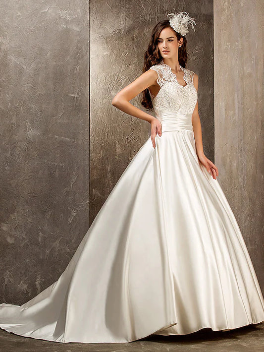 A-Line Wedding Dresses Queen Anne Lace Satin Sleeveless See-Through with Sash Ribbon Beading Appliques