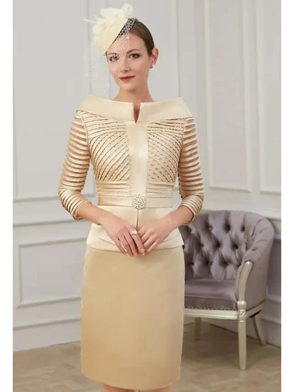 Mother of the Bride Dress Plus Size Off Shoulder Knee Length Polyester 3/4 Length Sleeve with Ruching