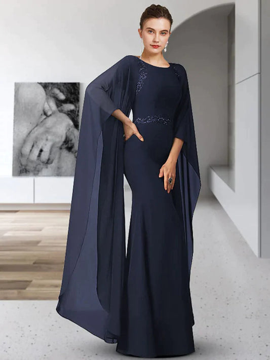 Mother of the Bride Dress Elegant Jewel Neck Floor Length Chiffon Long Sleeve with Sash Ribbon Appliques