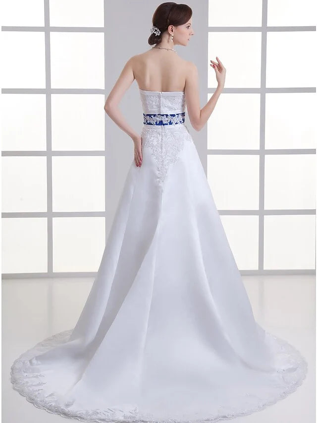 A-Line Wedding Dresses Strapless Court Train Organza Satin Strapless with Pick Up Skirt Ruched Beading