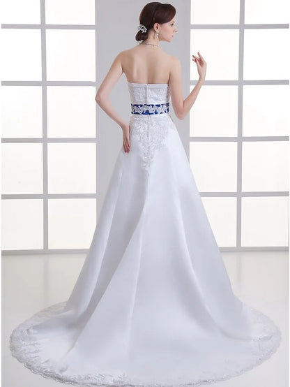 A-Line Wedding Dresses Strapless Court Train Organza Satin Strapless with Pick Up Skirt Ruched Beading