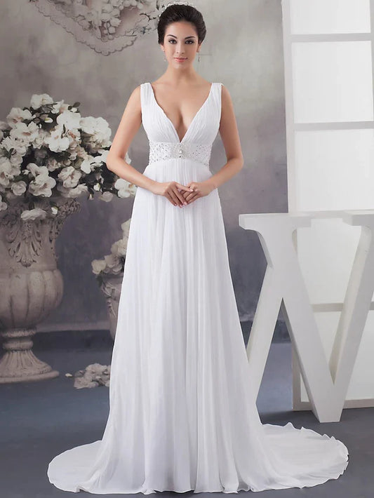 A-Line Wedding Dresses V Neck Chapel Train Chiffon Satin Regular Straps with Crystals Beading Draping