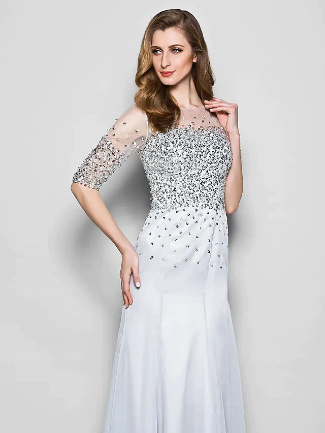 A-Line Mother of the Bride Dress Jewel Neck Floor Length Organza Half Sleeve with Beading Sequin