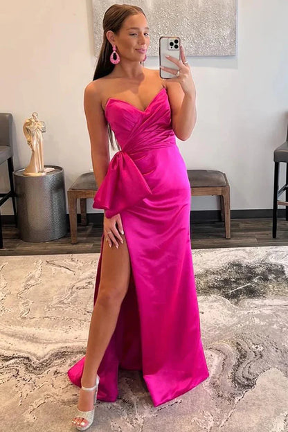 Sweetheart Hot Pink Sheath Long Prom Dress with Bow