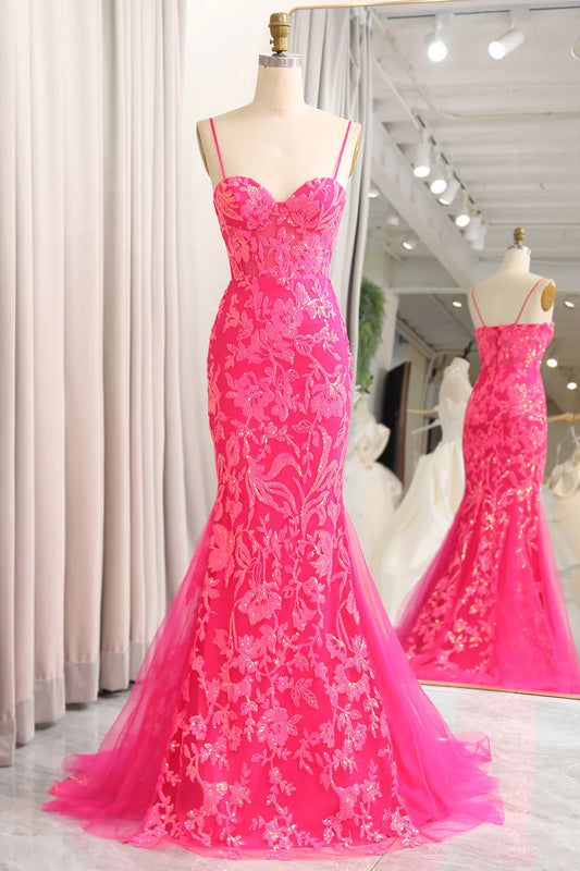 Mermaid Spaghetti Straps Sequins Corset Fuchsia Slim-fit Prom Dress with Appliques