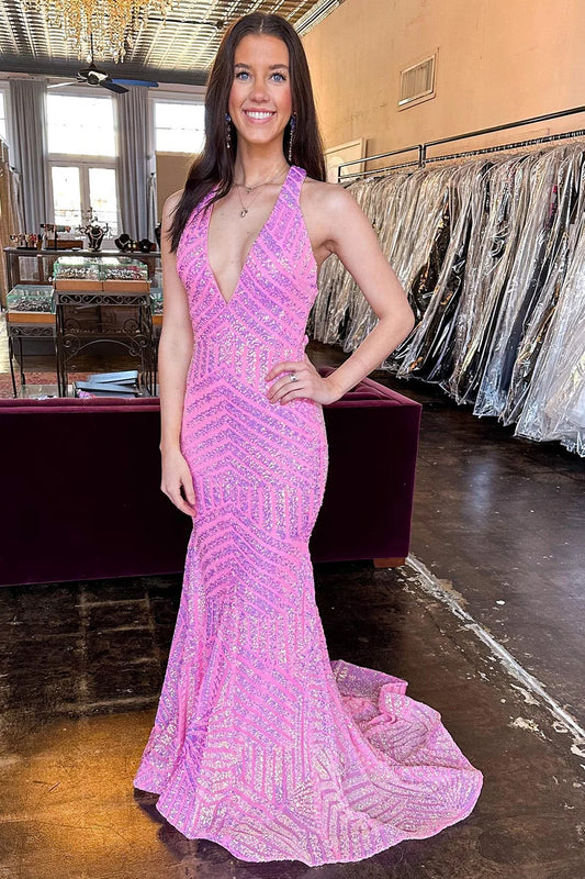Hot Pink Plunge V Mermaid Halter Sequins Backless Back Cross Wrap The Buttocks Prom Dress