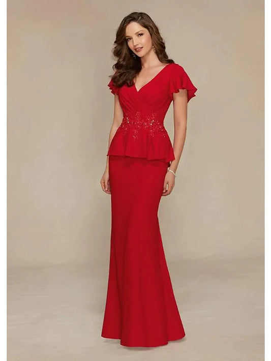 Mother of the Bride Dress Elegant & Luxurious Plunging Neck Jersey Short Sleeve with Beading Embroidery Ruching