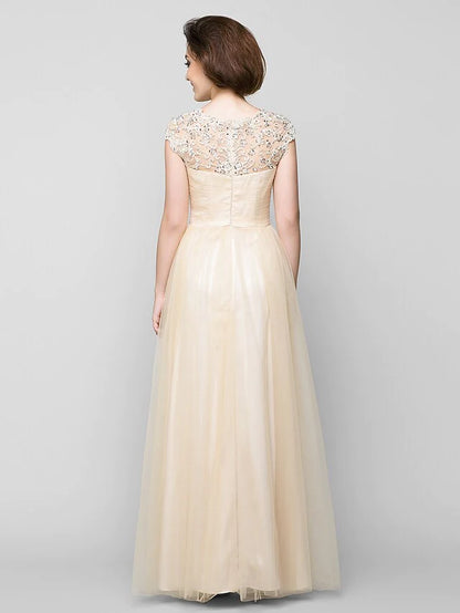 A-Line Mother of the Bride Dress See Through Jewel Neck Floor Length Tulle Sleeveless with Criss Cross Beading