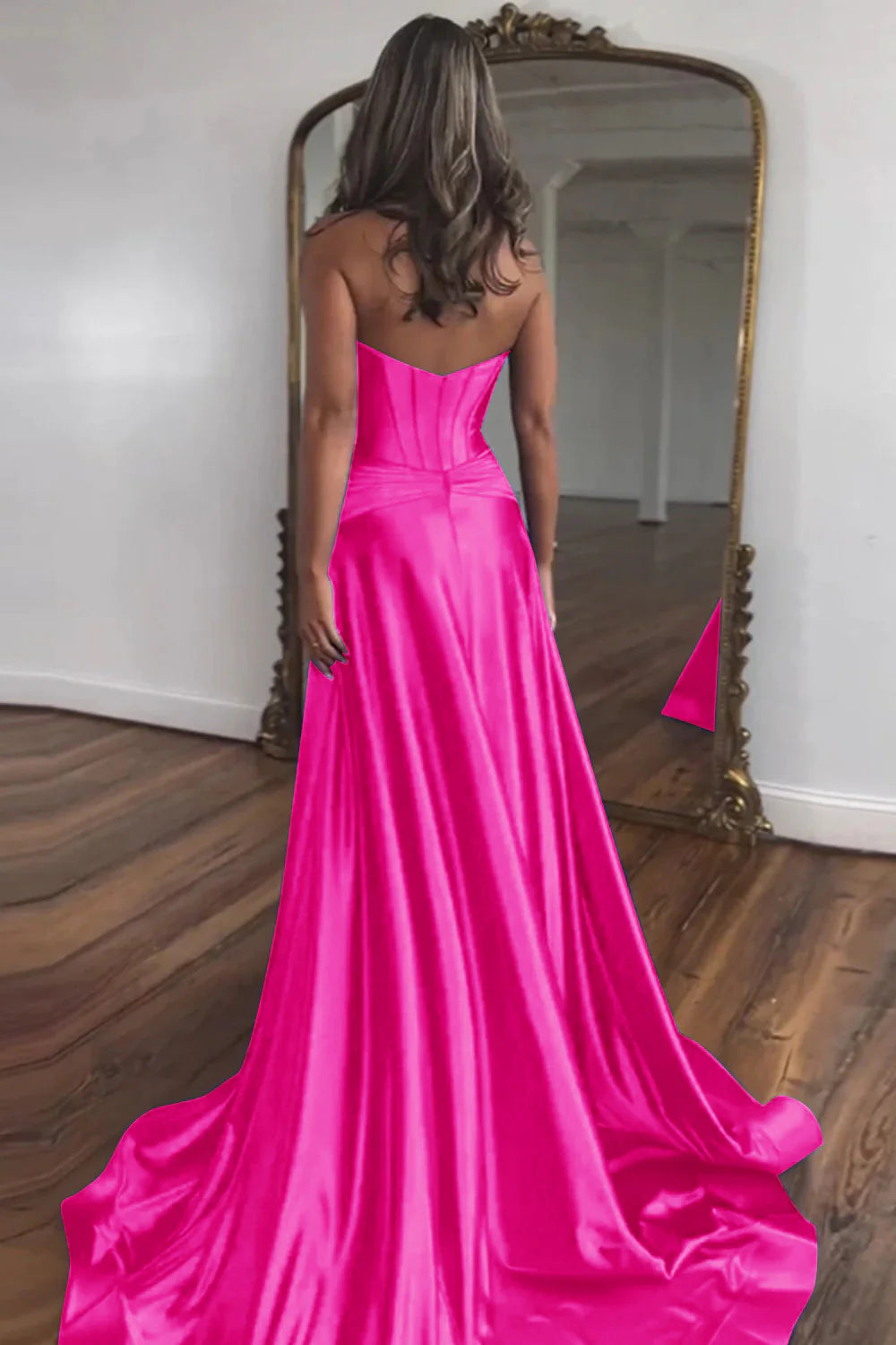 Fuchsia Sweetheart Zipper Back A-Line Off-the-Shoulder Long Satin Prom Dress With Split