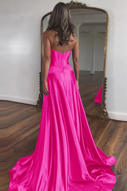 Fuchsia Sweetheart Zipper Back A-Line Off-the-Shoulder Long Satin Prom Dress With Split