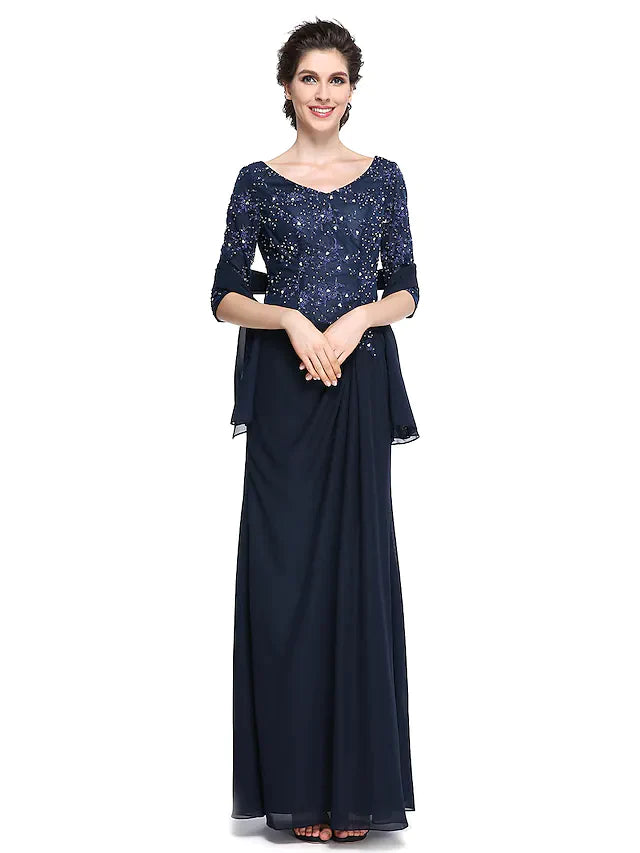 Mother of the Bride Dress Elegant V Neck Ankle Length Chiffon Lace Half Sleeve with Lace