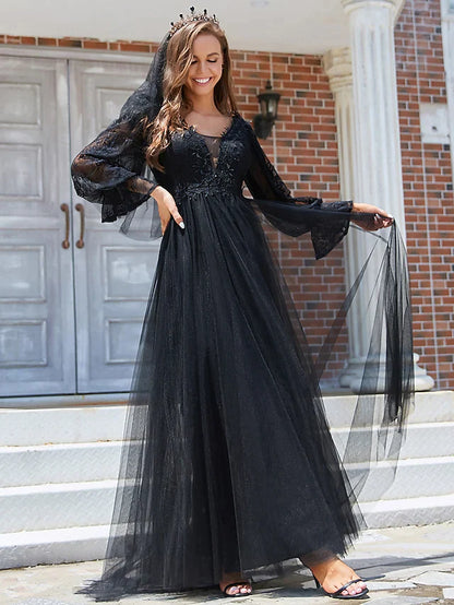 A-Line Wedding Dresses V Neck Floor Length Lace Tulle Long Sleeve Romantic Sexy Black with Pleats Draping