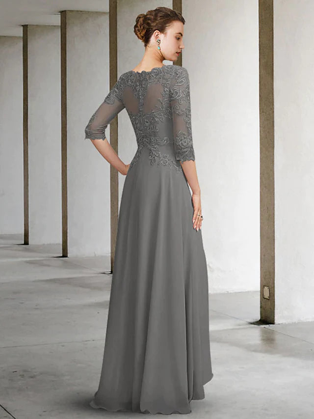 A-Line Mother of the Bride Dress Elegant Jewel Neck Floor Length Chiffon Lace Half Sleeve with Pleats Ruffles Appliques