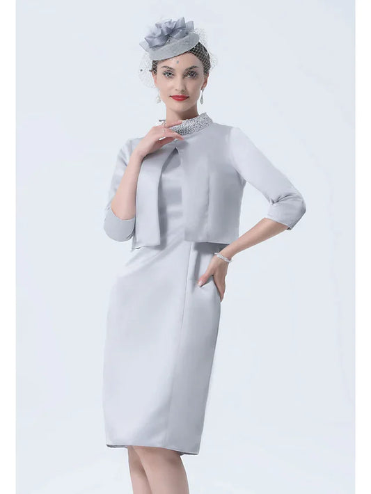 Mother of the Bride Dress Plus Size Elegant Vintage High Neck Knee Length Satin 3/4 Length Sleeve with Crystals Appliques