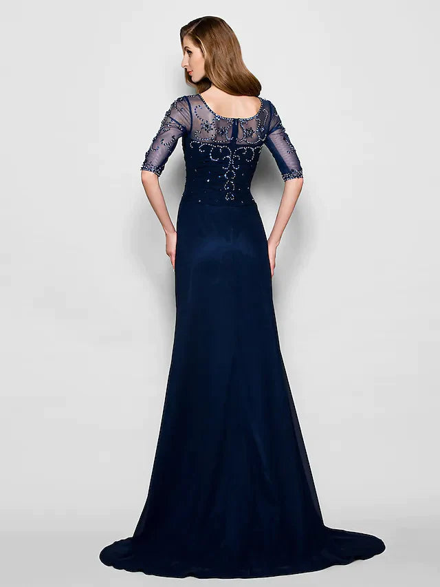 A-Line Mother of the Bride Dress See Through Jewel Neck Chiffon Tulle Half Sleeve with Ruched Crystals Beading