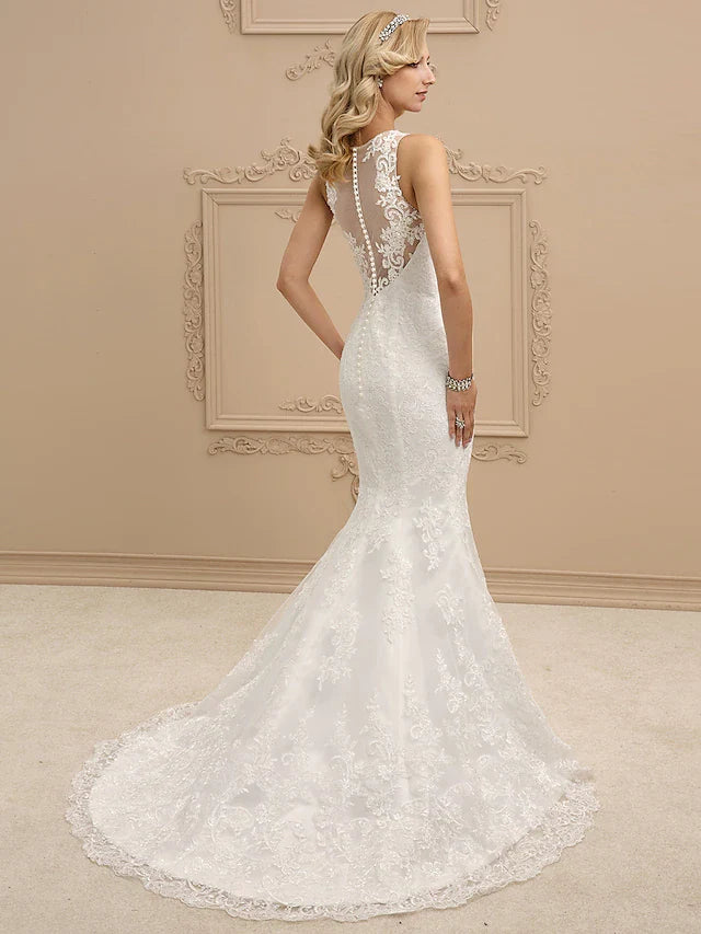 Wedding Dresses Bateau Neck All Over Lace Regular Straps Sexy Illusion Detail Backless with Beading Appliques