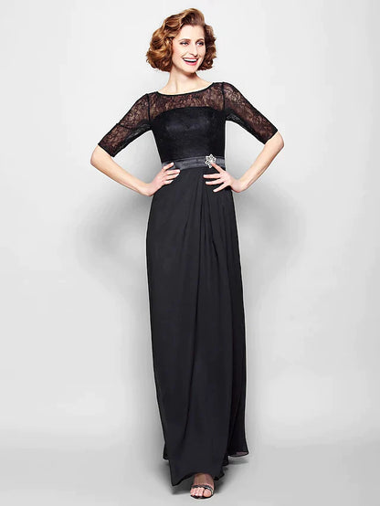 A-Line Mother of the Bride Dress Jewel Neck Floor Length Chiffon Lace Half Sleeve with Lace Sash Ribbon Crystal Brooch