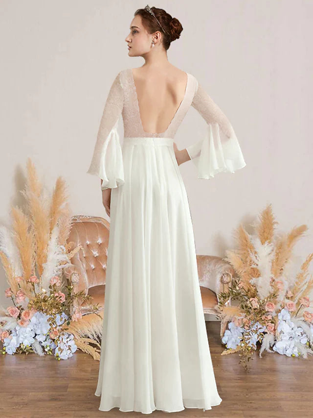 A-Line Wedding Dresses V Neck Floor Length Chiffon Lace Long Sleeve Romantic with Appliques