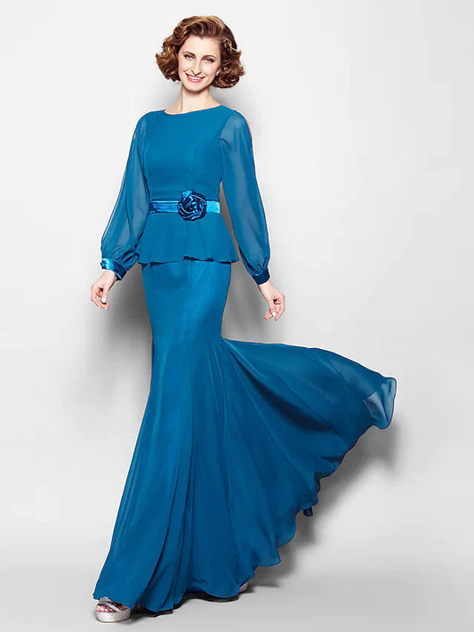 Mother of the Bride Dress Vintage Inspired Jewel Neck Floor Length Chiffon Long Sleeve with Sash Ribbon Flower